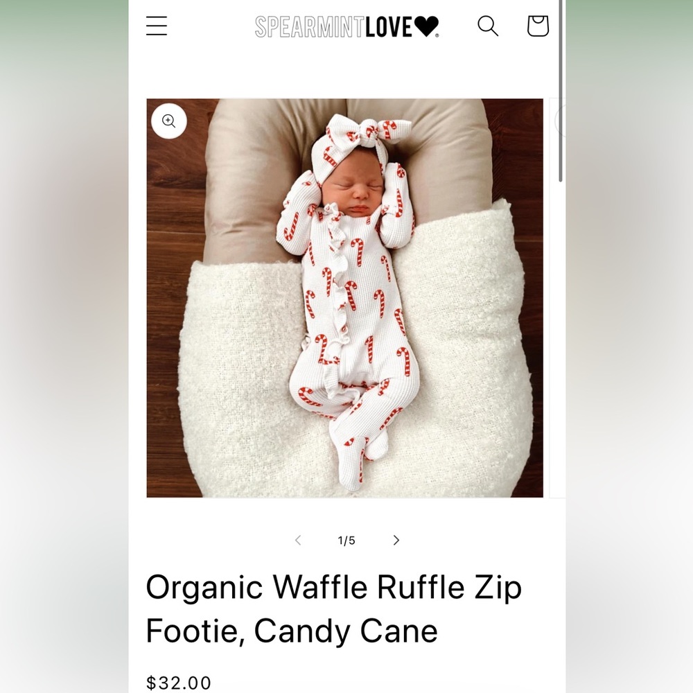 Organic Waffle Ruffle Zip Footie, Candy Cane with matching headband.